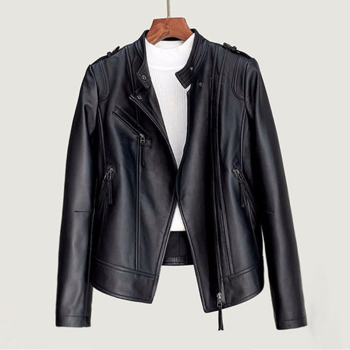 Women's Lapel Collar Vegan Biker Jacket