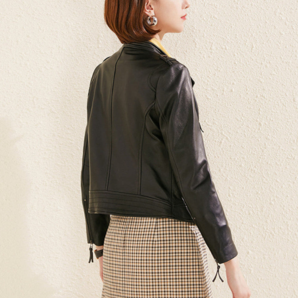 Women's Lapel Collar Vegan Biker Jacket