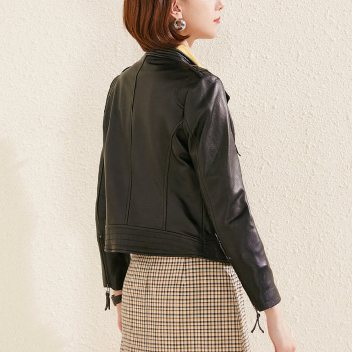 Women's Lapel Collar Vegan Biker Jacket