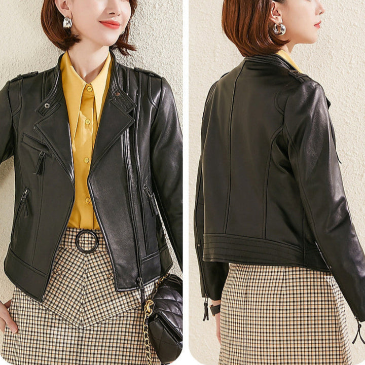 Women's Lapel Collar Vegan Biker Jacket