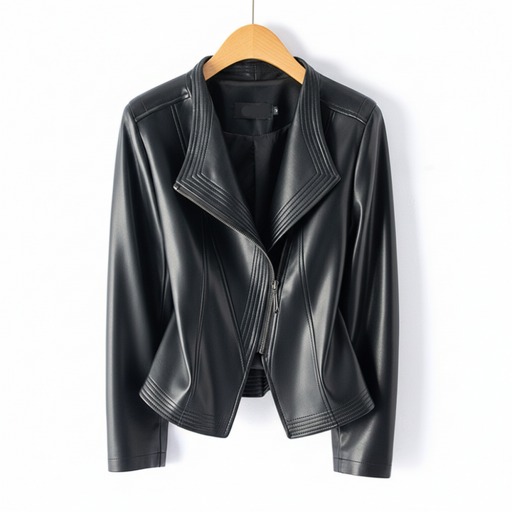 Women's Lapel Collar Vegan Leather Jacket