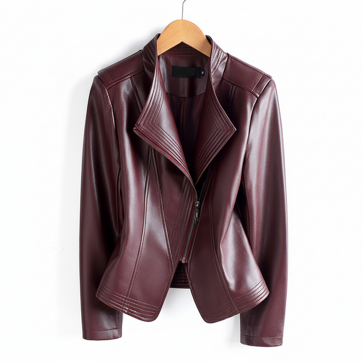 Women's Lapel Collar Vegan Leather Jacket