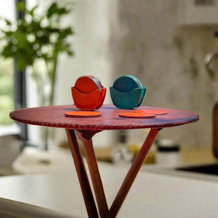 Cartas | Leather Picnic Table with Wooden Legs