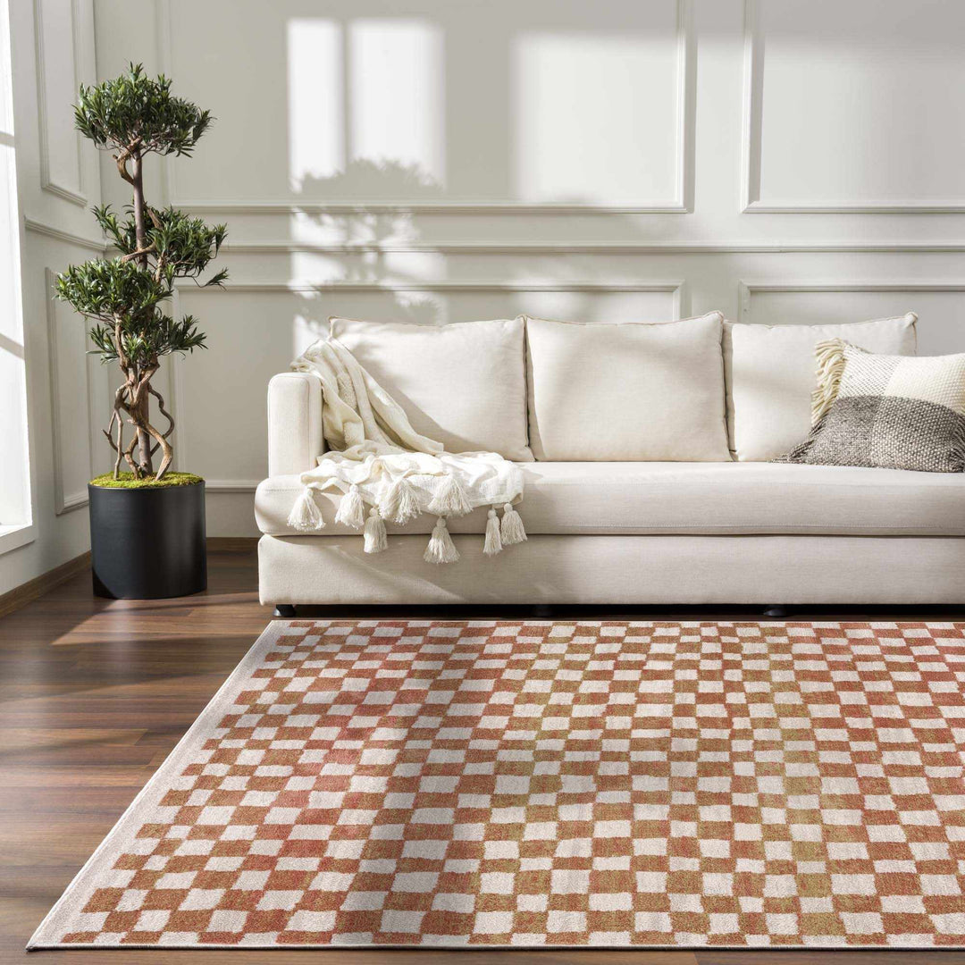 Benjy Cream & Salmon Checkered Area Rug