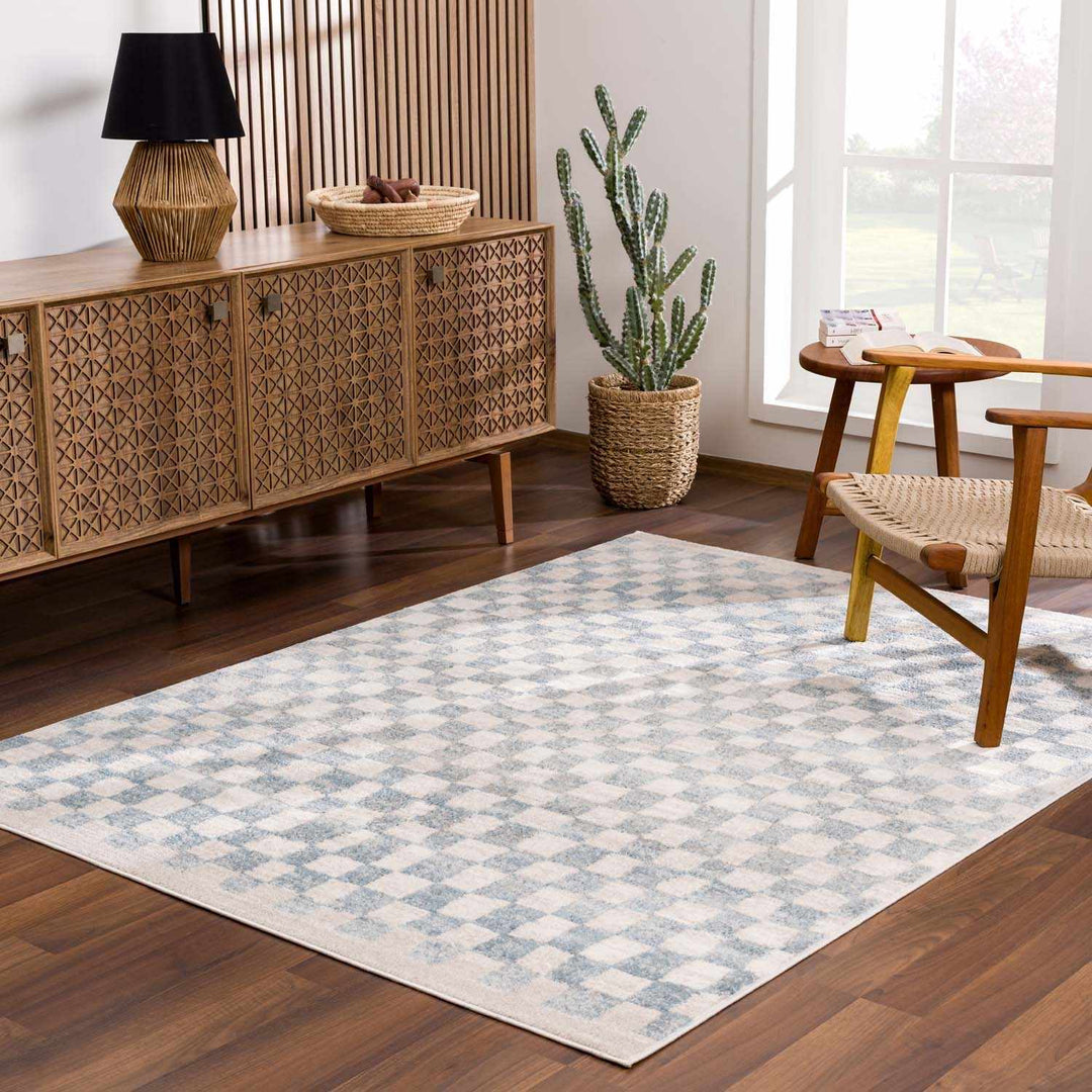 Benjy Cream & Light Blue Checkered Area Rug