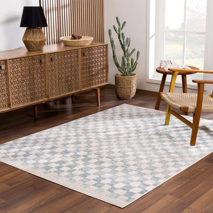 Benjy Cream & Light Blue Checkered Area Rug