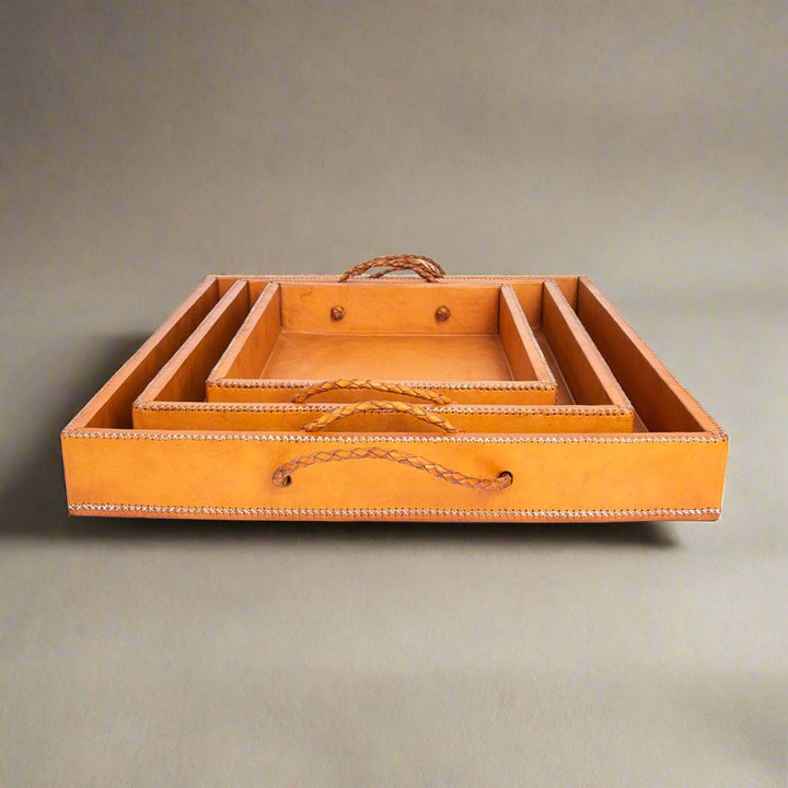 Rosado | Cedar Wood + Leather Ottoman Tray Set with Embroidered Handles