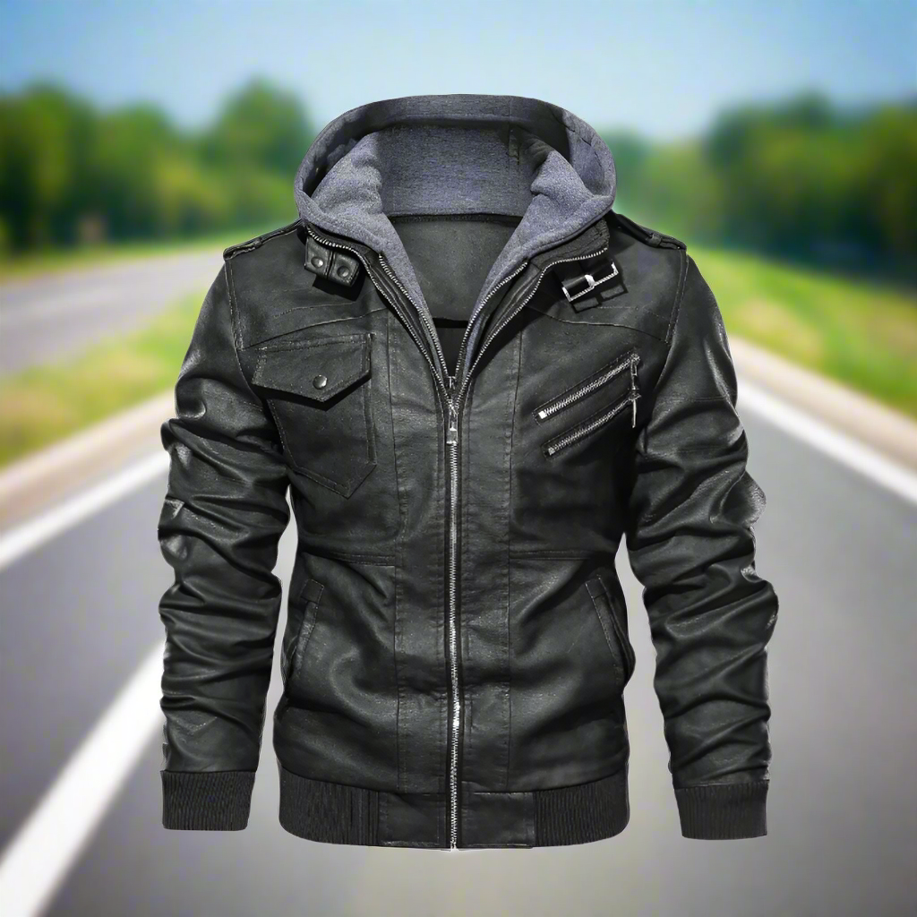 Mens Hooded Faux Leather Biker Jacket