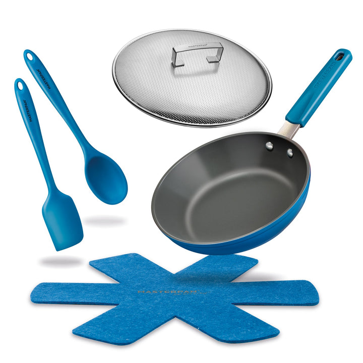 MASTERPAN Ceramic Nonstick Stovetop Oven Frypan & Skillet & Stainless Steel Lid Set, Azure Color 9.5"(24cm)