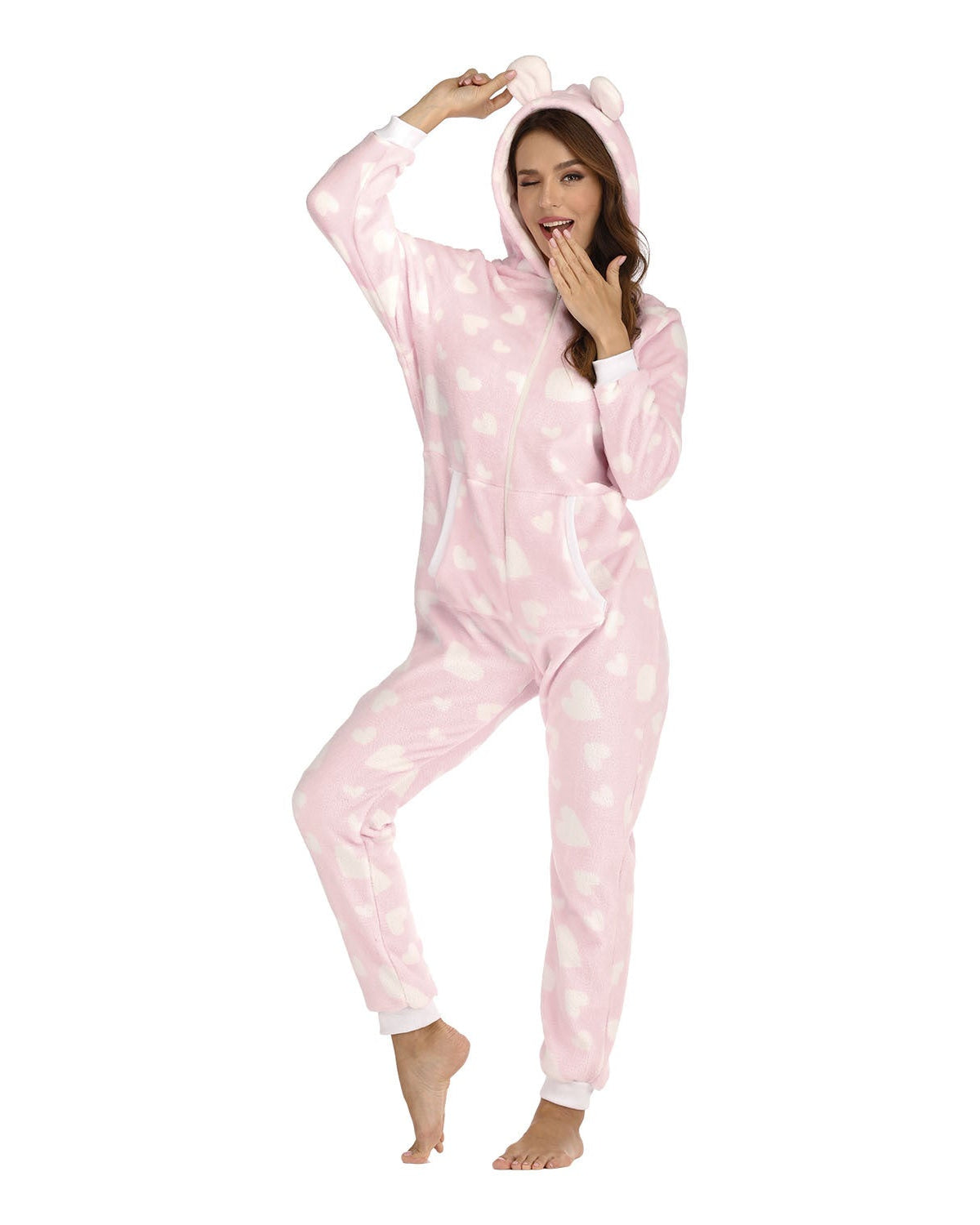 Ladies Heart-shaped Printed Flannel One-piece Homewear Pajamas