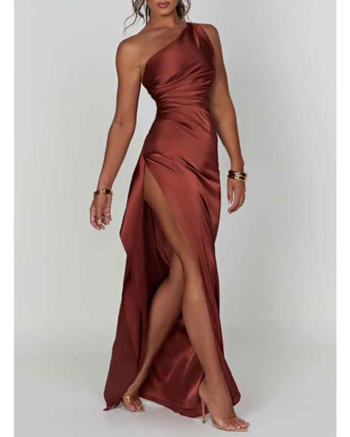 Slim-fit Slant Shoulder Split Satin Dress