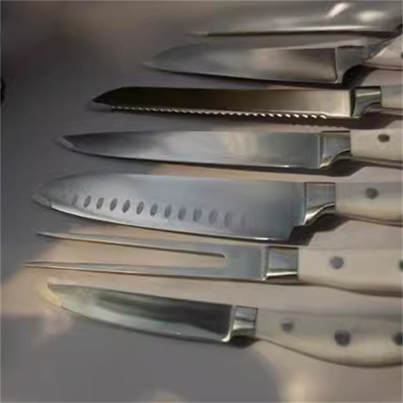 White Handle Steel Head Chef's Knife Wooden Seat Knife