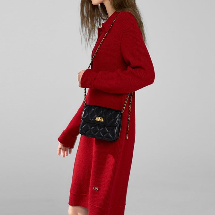 Retro Red Knitted Dress Women's Long Slimming