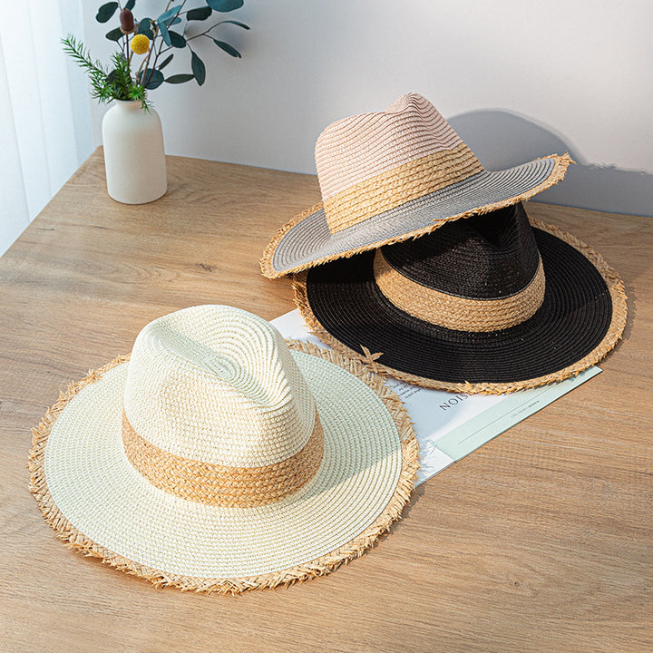 Retro Color Matching Raw Edge Straw Hat