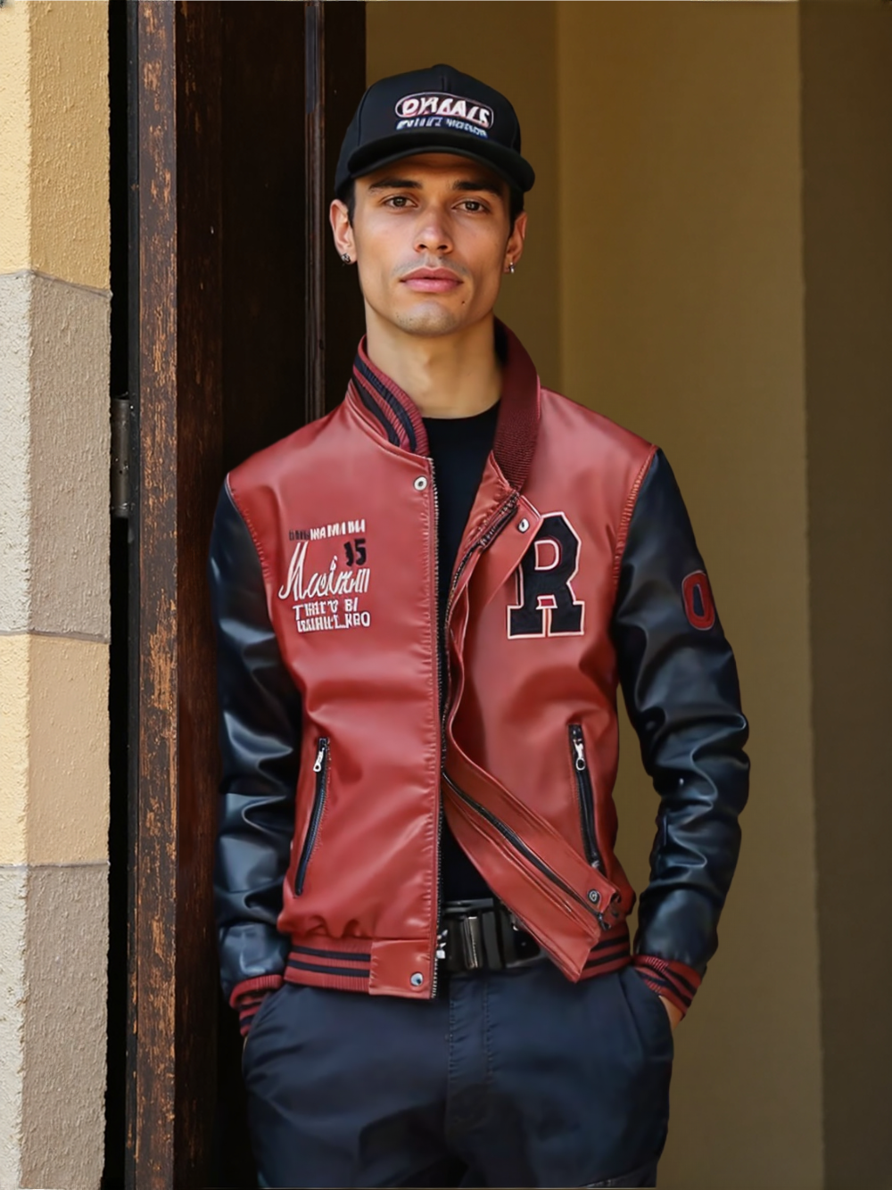 Mens Baseball Faux Leather Jacket