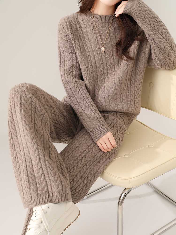 Autumn And Winter New Round Neck Pure Wool Sweater Women's Loose Slimming Twisted Thickened Sweater Trousers Suit