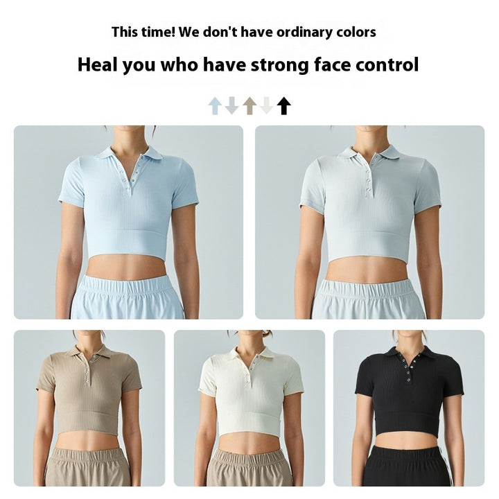 Shoulder Polo Collar Yoga Short-sleeved T-shirt