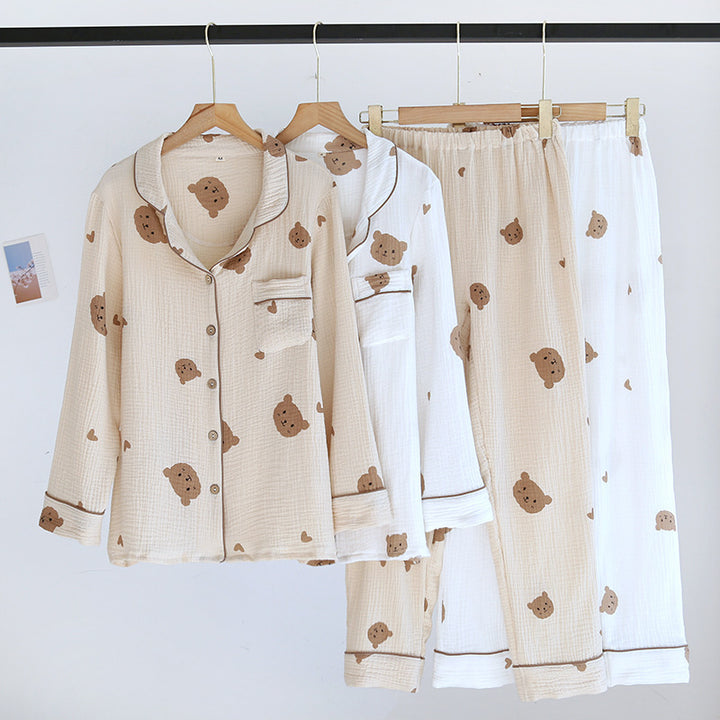 Crepe Bear Love Couple Long Pajama Suit
