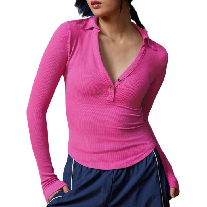 Women's Thread Polo Collar Long Sleeve Slim-fit Top