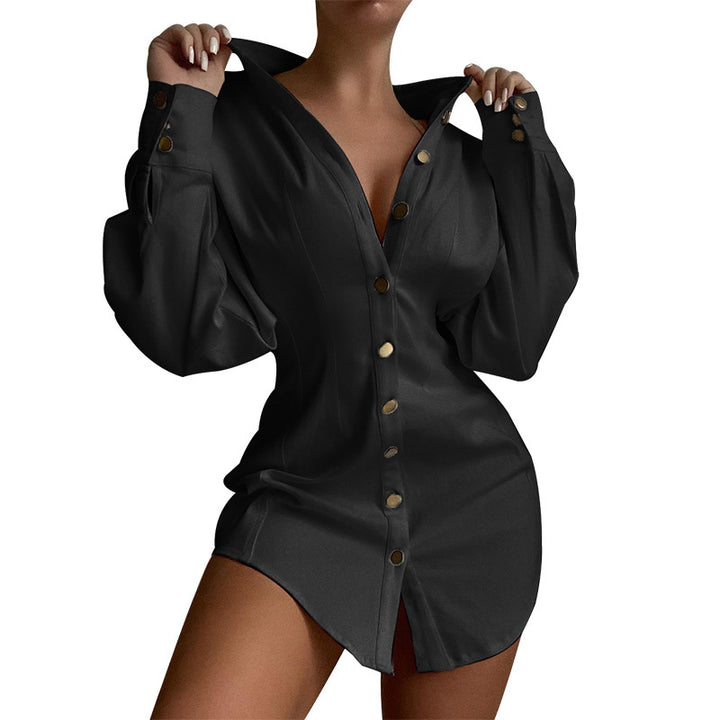 Solid Color Slim Long-sleeved Women's Shirt Dress