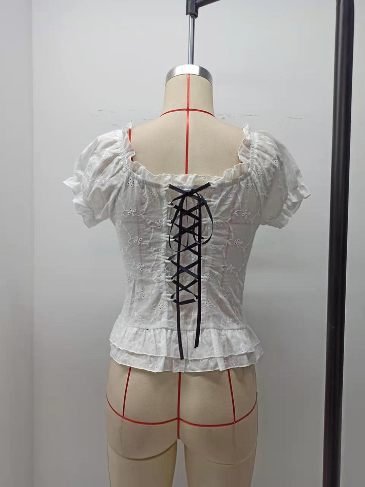 Embroidered Chest Pleated Drawstring Discount Lace-up Stretchy Sleeves Top