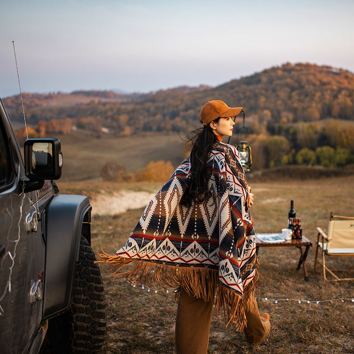 Ethnic Style Woolen Vintage Print Tassel Cape And Shawl Coat