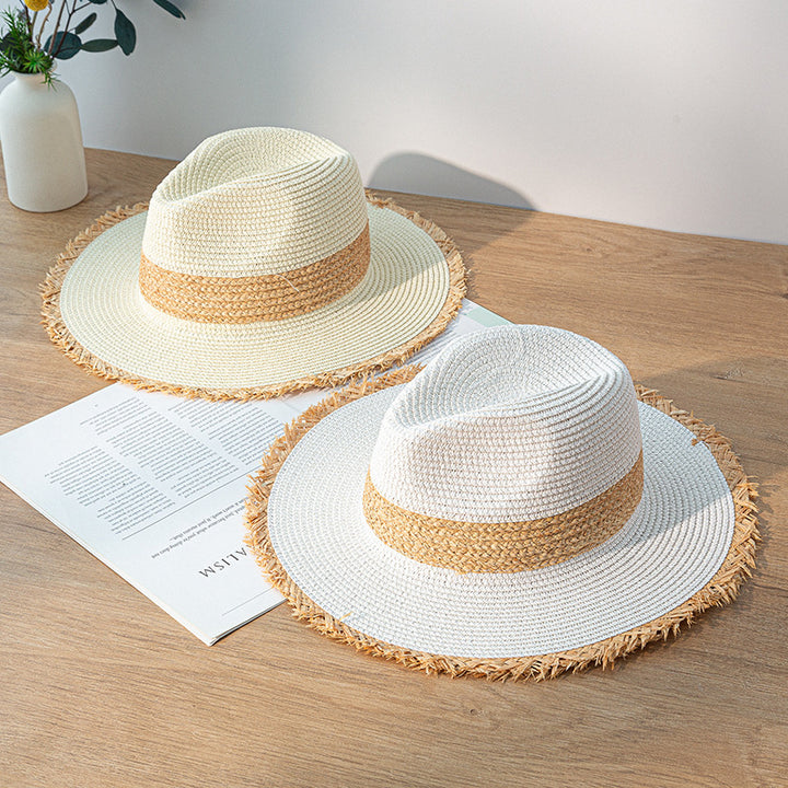 Retro Color Matching Raw Edge Straw Hat