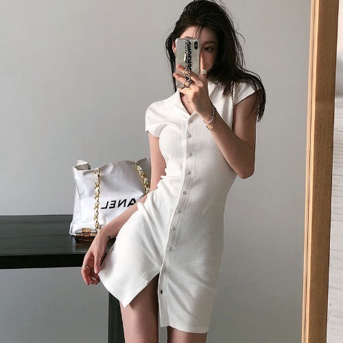 Polo Collar Knitted Dress Bag Hip Skirt