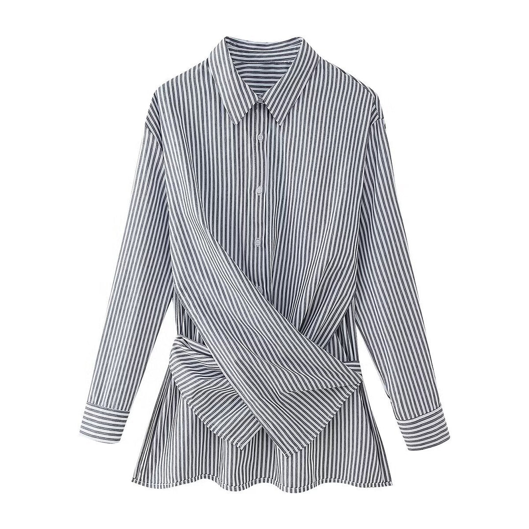 Fashion Loose Striped Lace-up Multi-color Long Sleeve Shirt