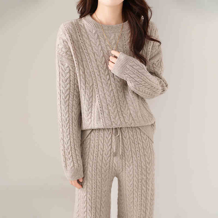 Autumn And Winter New Round Neck Pure Wool Sweater Women's Loose Slimming Twisted Thickened Sweater Trousers Suit