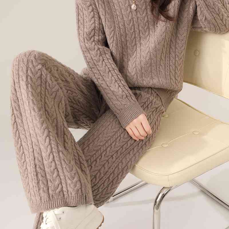 Autumn And Winter New Round Neck Pure Wool Sweater Women's Loose Slimming Twisted Thickened Sweater Trousers Suit