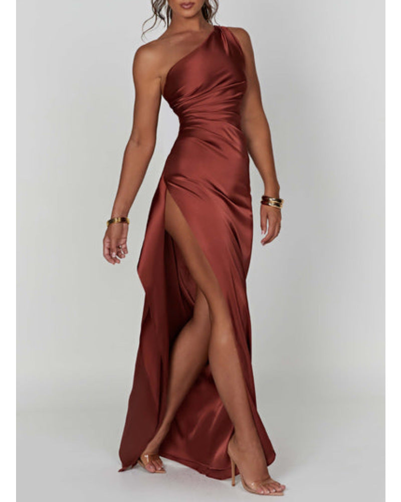 Slim-fit Slant Shoulder Split Satin Dress