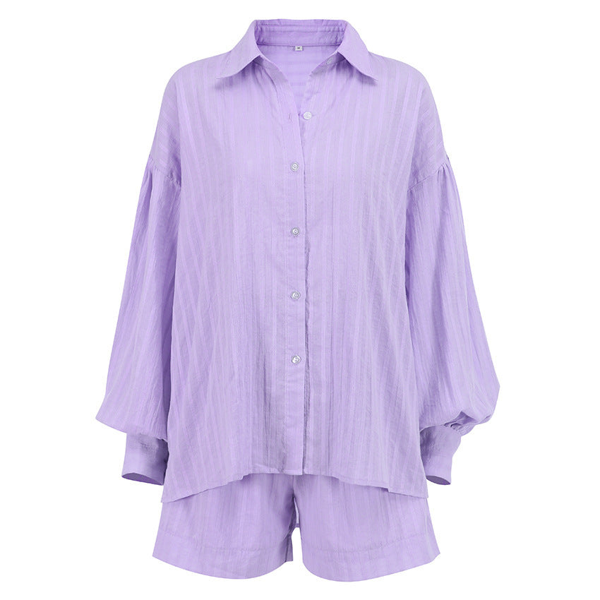 Graceful Striped Puff Sleeve Shorts Suit