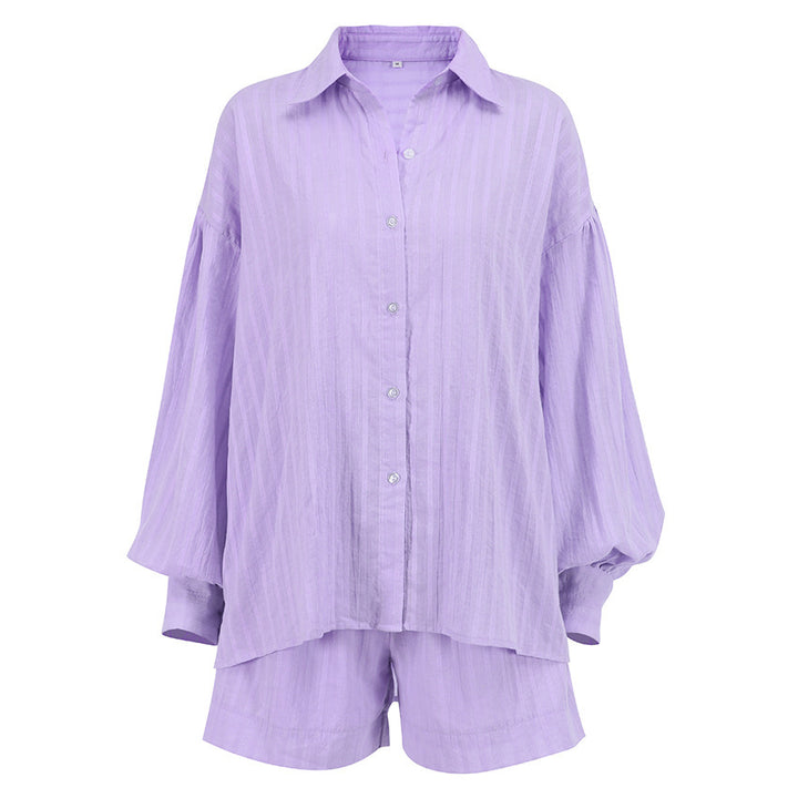 Graceful Striped Puff Sleeve Shorts Suit