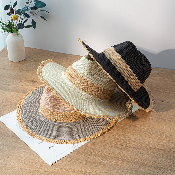 Retro Color Matching Raw Edge Straw Hat