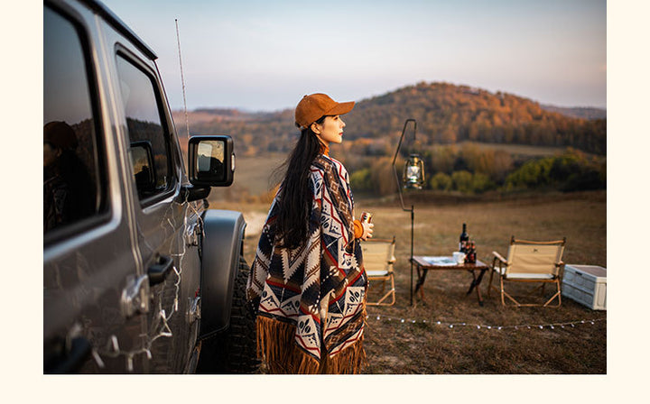 Ethnic Style Woolen Vintage Print Tassel Cape And Shawl Coat