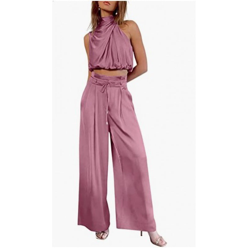 Sleeveless Suit Midriff-baring Top And Wide Leg Pants