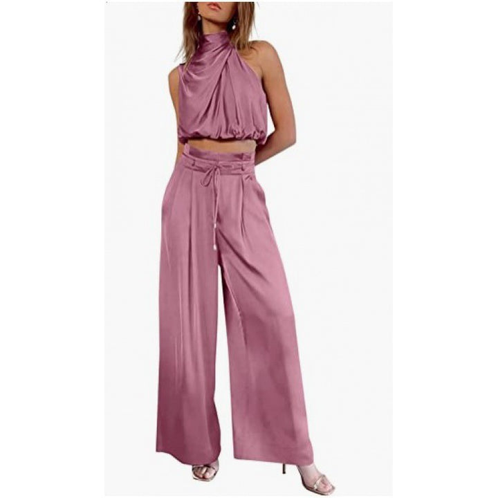 Sleeveless Suit Midriff-baring Top And Wide Leg Pants