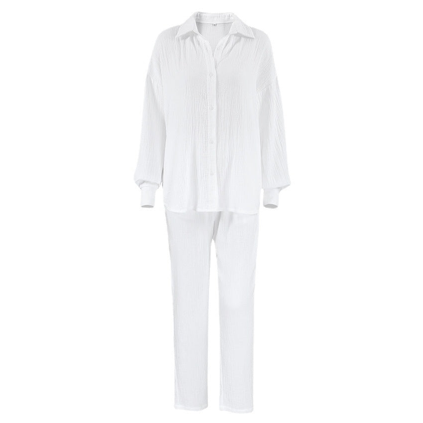 Women's Fashion Simple Solid Color Long-sleeved Trousers Two-piece Set
