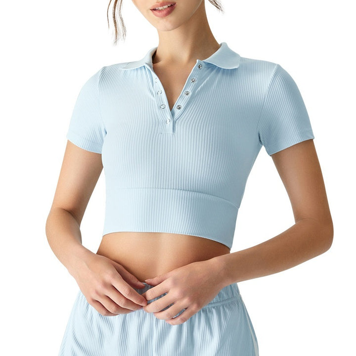 Shoulder Polo Collar Yoga Short-sleeved T-shirt