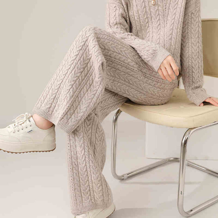 Autumn And Winter New Round Neck Pure Wool Sweater Women's Loose Slimming Twisted Thickened Sweater Trousers Suit
