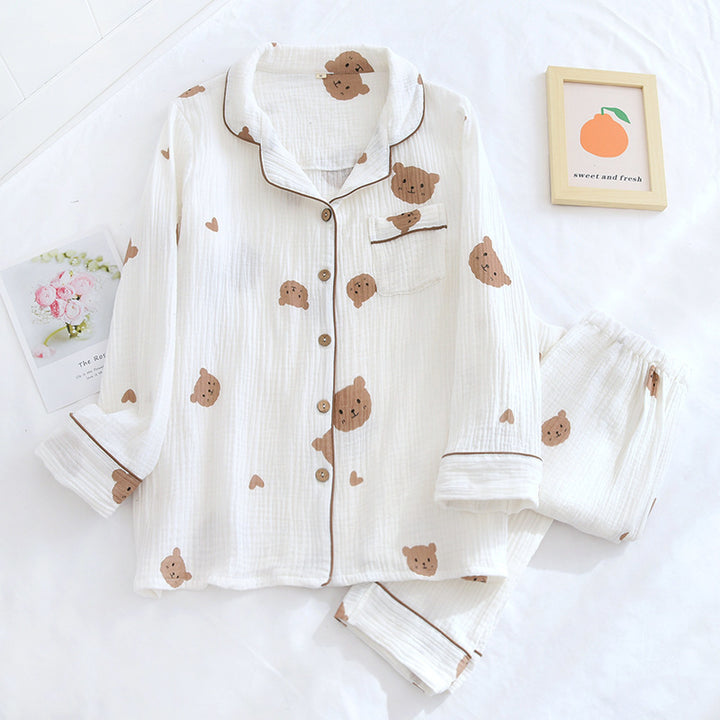 Crepe Bear Love Couple Long Pajama Suit