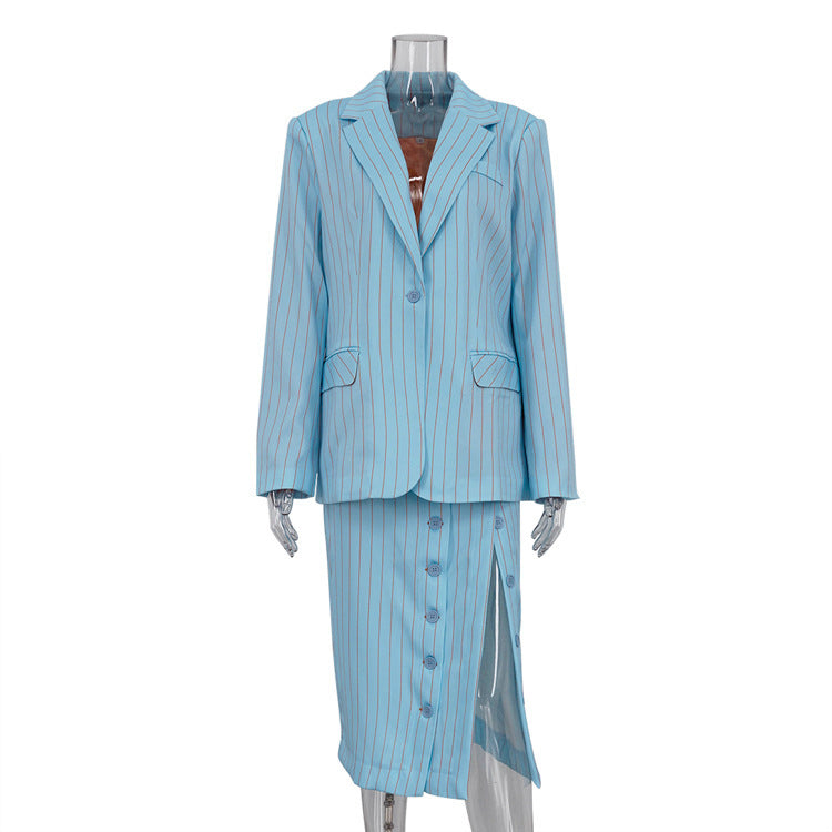 Striped Mid-length Dress Set Women's Lapel Long Sleeve