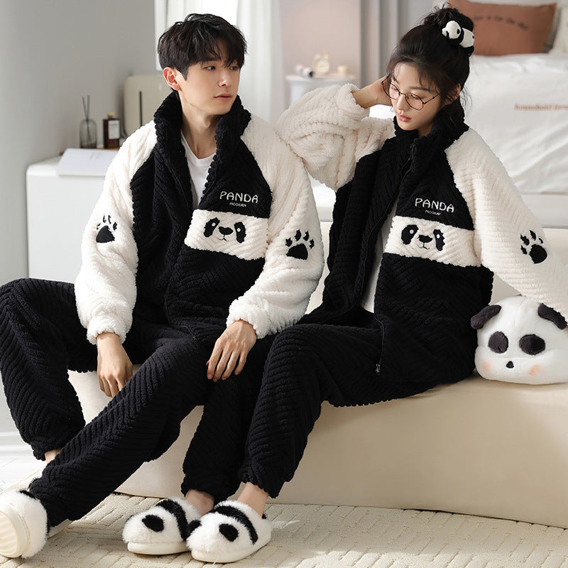 Panda Couple Pajamas Winter Flannel Thickened Men's Casual Stand Collar Warm Girl Slim Fit Homewear