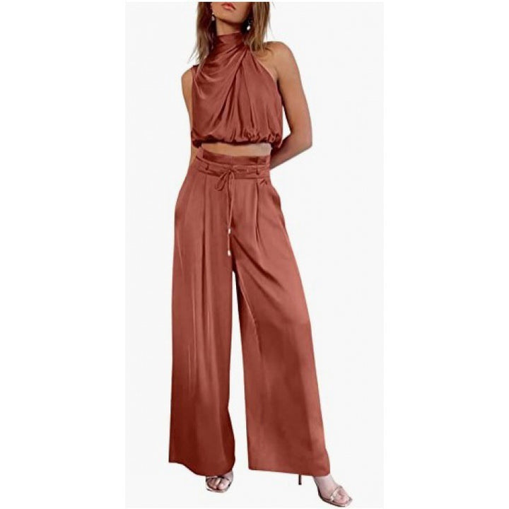 Sleeveless Suit Midriff-baring Top And Wide Leg Pants