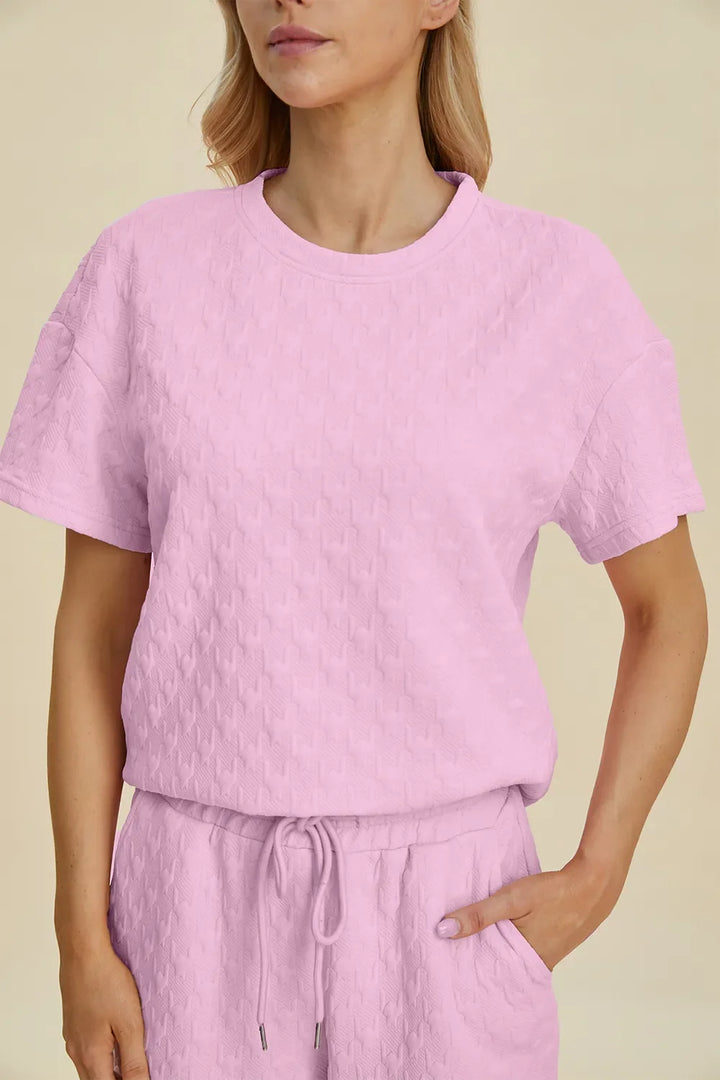 Double Take Full Size Texture Round Neck Short Sleeve Top and Pants Set
