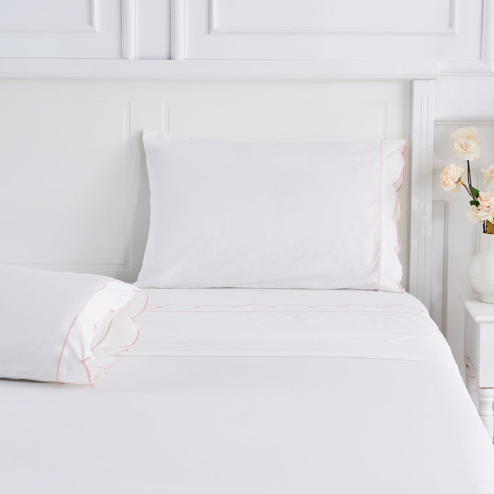 Scallop Frame Embroidered Cotton Percale Sheet Set