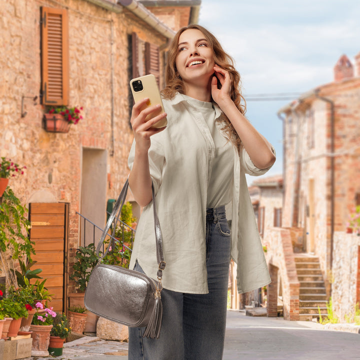 Metallic Suede Leather Crossbody Bag