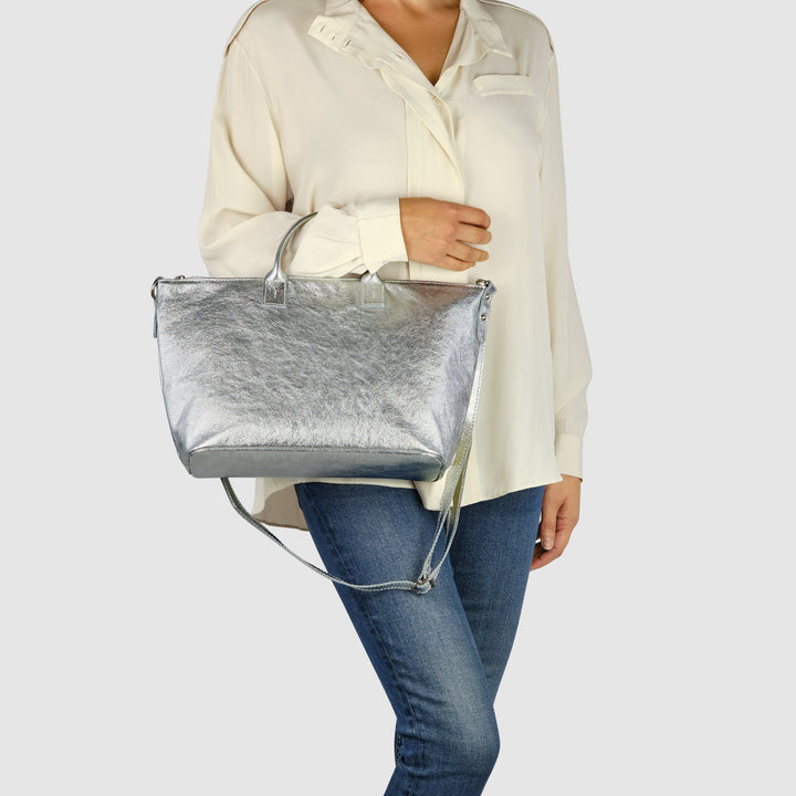 Metallic Suede Leather Top-Handle Bag