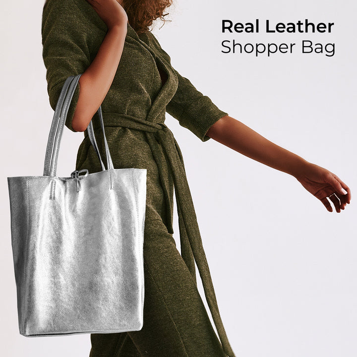 Metallic Suede Leather Tote Bag